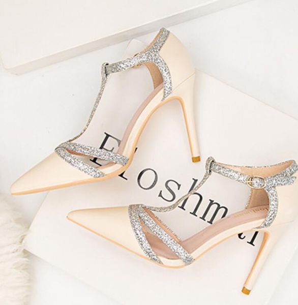 

2020 summer korean fashion sequined women's shoes with narrow heel, high heel, pointed hollow out, a word with fashion women's san, Black