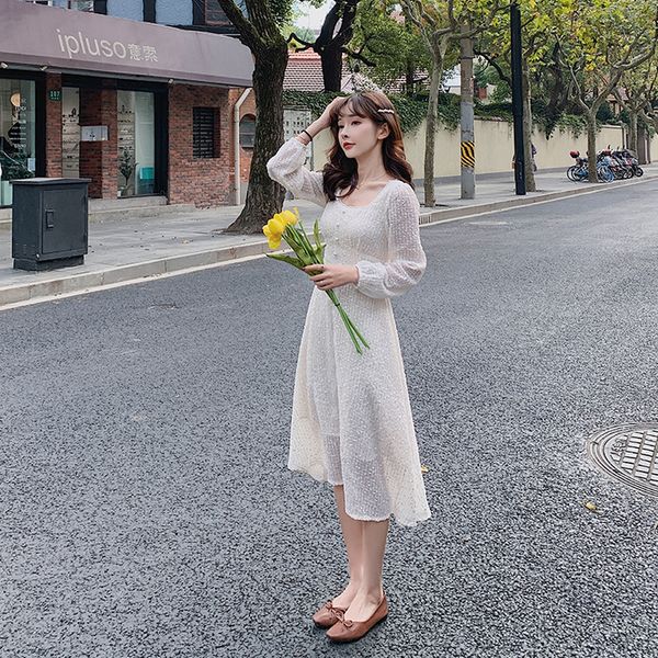 

women's square collar long sleeve dress spring new fashion beading midi dress a-line vintage women pure color party, Black;gray