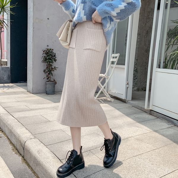 

autumn 2019 sweater knit pencil skirts high waist pocket long knit pencil skirts bottom elegant winter warm women split, Black