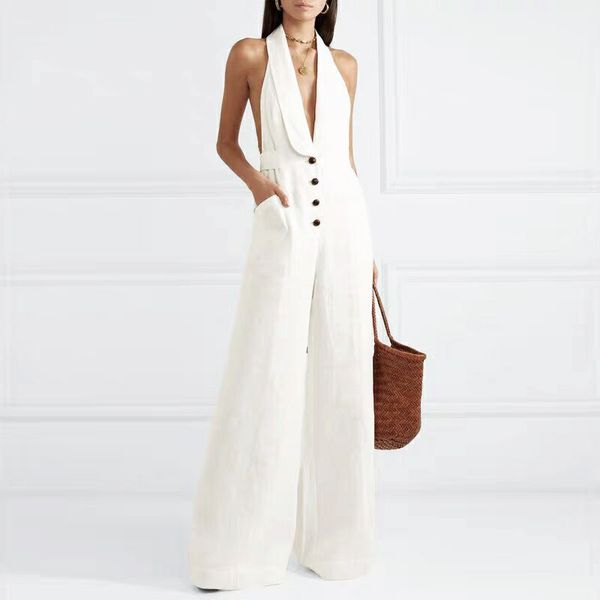 

2019 new womens rompers white jumpsuit sleeveless plus size jumpsuits v neck halter straight solid casual party clubwear, Black;white