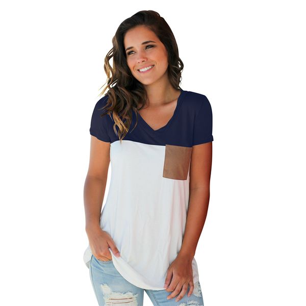 

2019 женские летние базовые футболки с v-образным вырезом с коротким рукавом блузки топы повседневные футболки с замшевыми карманами s-xxl, White