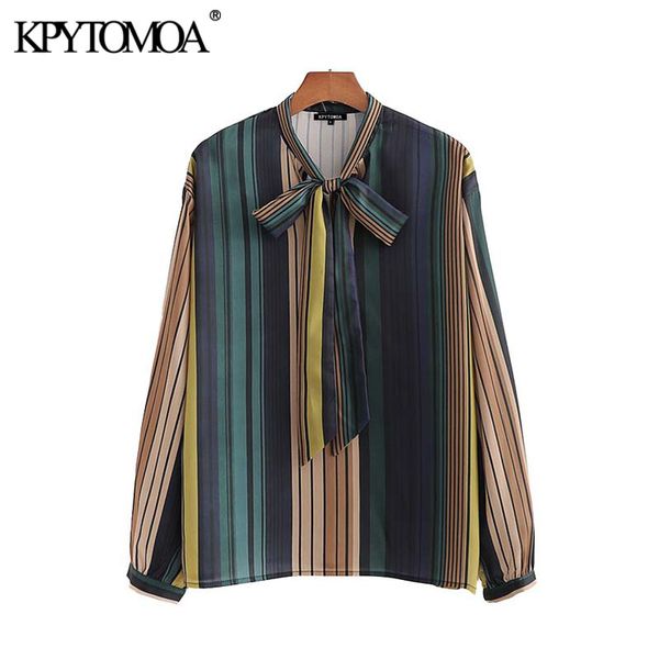 

vintage elegant office wear striped loose blouses women 2020 fashion bow tie collar long sleeve female shirts blusas chic, White