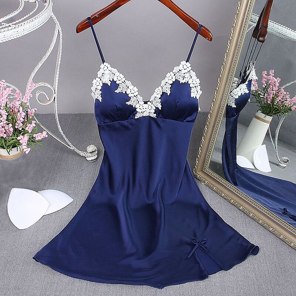 

lady nightgown summer women's lingerie robe bath gown faux silk sleepwear nightdress pajamas homewear chest pad nightwear, Black;red