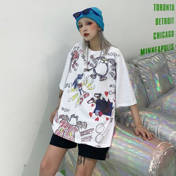 

retro hong kong style chic online celebrity t-shirt ulzzang harajuku wind ins industrial printing short-sleeved t-shirt women's, White