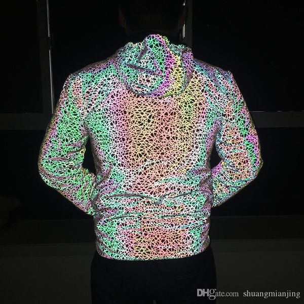 

men autumn winter colorful reflective jacket men windbreaker jackets hooded hip-hop streetwear night shiny coats jacket, Black;brown