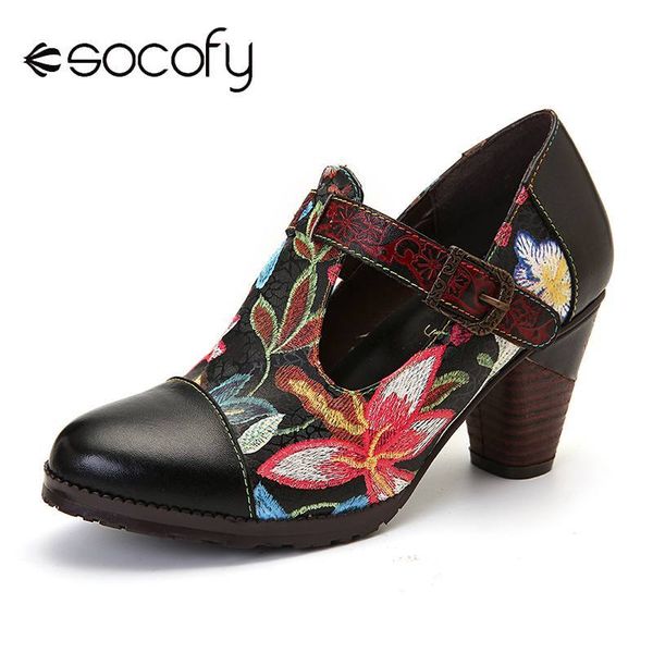 

socofy folkways colorful flowers stitching genuine leather retro t-strap dress pumps for women shoes women botines mujer 2020 y200702, Black