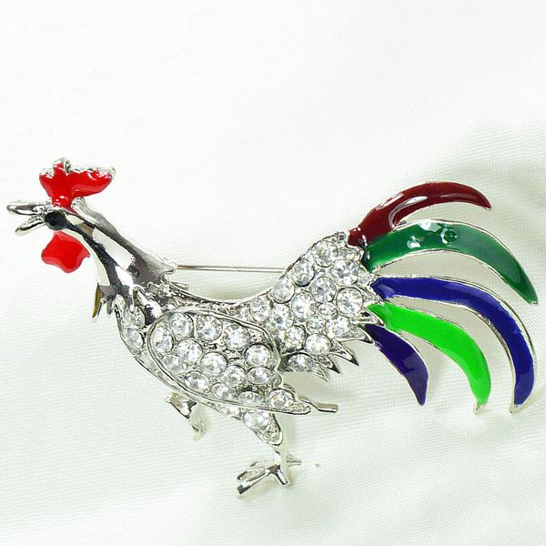 

elegant brooch pin zodiac animal rooster cock badge enamel with sparkling cz zircons scarf clip hat ornaments, Gray
