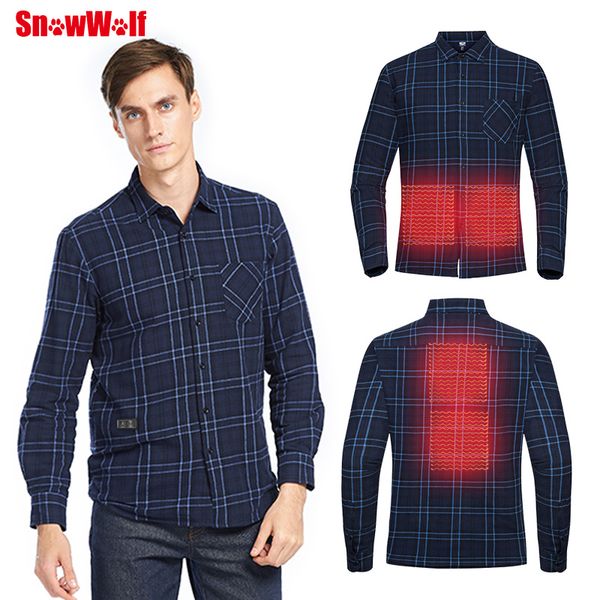 

snowwolf 2019 men winter outdoor usb infrared heating shirts jackets long sleeve print plaid warm shirt for hiking climbing, Gray;blue