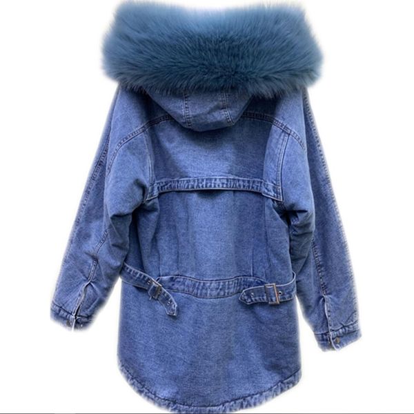 

new arrival winter jeans jacket women denim coat long fur collar hooded velvet warm female loose blue coats, Black