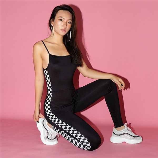 

women jumper black new side stitched checkerboard mesh design backless sleeveless summer romper one piece jumpsuit playsuit 2020, Black;white