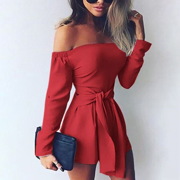 

new style 2019 new women casual solid off shoulder bandage backless spring autumn long sleeve slash neck rompers playsuits, Black;white