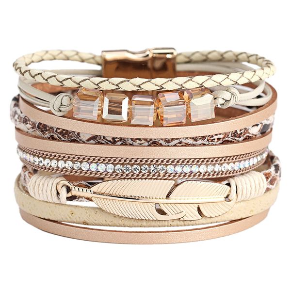 

women's pu beaded bracelet wrapped multi strand feather jewelry graduation gift, Black