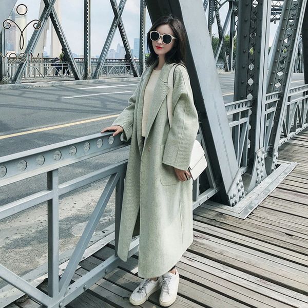 

yosimi 2019 women coats autumn winter corduroy coat full sleeve turn-down collar green long women runway coat s- wide-waisted, Black