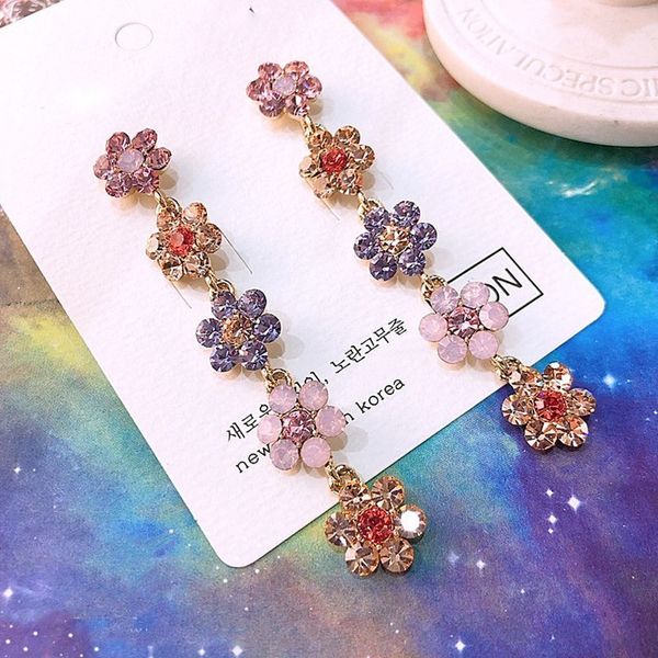 

mengjiqiao new korean shiny crystal colorful flower long earrings for women elegant party dangle pendientes jewelry gifts, Silver