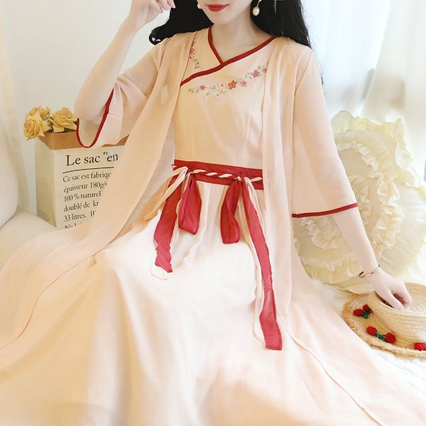 

2 pieces sets embroidered flowers dresses vintage chiffon cardigan long outwear+tank dress v neck women summer elegant twinset, White