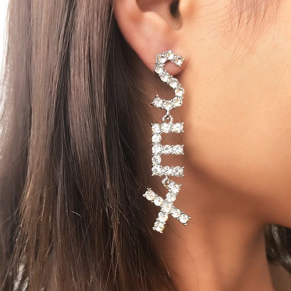

new fashion letter rhinestone long drop earring silver color big metal dangle earrings for women girls party jewelry gift