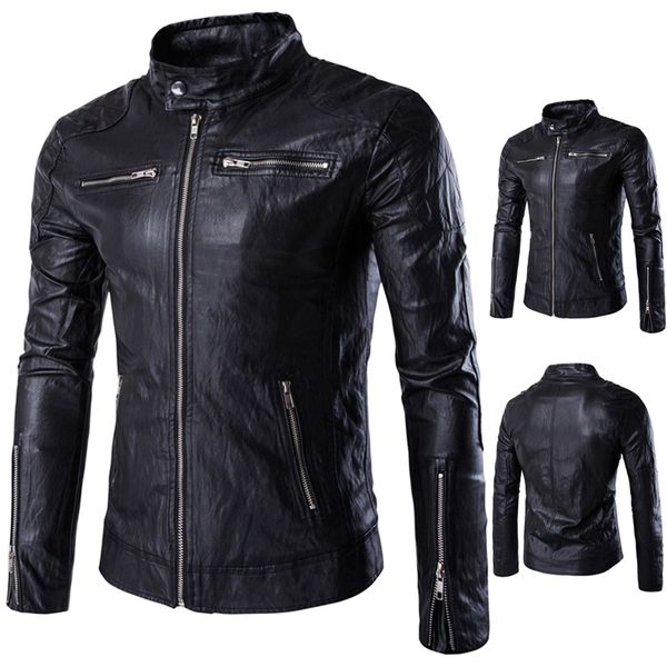 

2019 pu leather high-quality vertical collar locomotive style black men leather jacket m-5xl plus sizes mens jacket