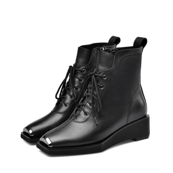 

cow leather ankle boots for women genuine leather shoes lace up luxury shoes office lady thick heel boots for women zy594, Black