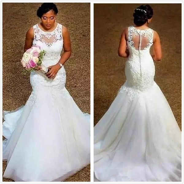 

african sheer crew neck lace mermaid wedding dresses 2020 tulle applique sweep train robe de mariage with buttons back, White