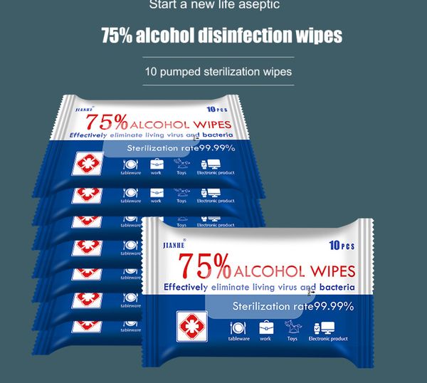 

10 шт. / лот 75% протирание рук спиртовые салфетки индивидуально обернутые для электроники дезинфицирующие антибактериальные салфетки дезинфицирующее средство первой помощи DHL UPS