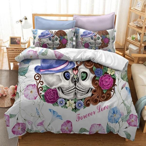 Skull Couples Bedding Set Queen Wedding Dress Duvet Cover Lovers