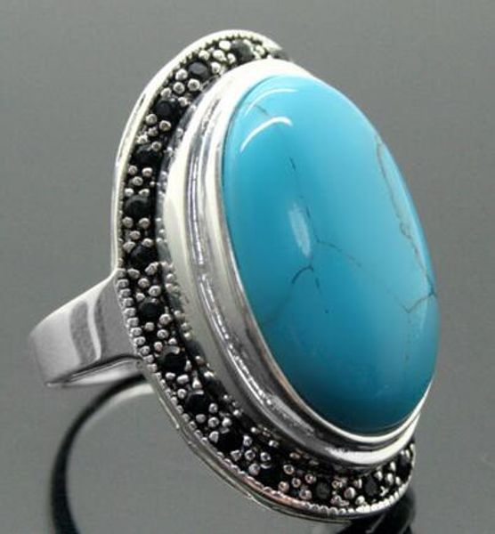 

17x30mm turquoise blue oval gems sterling silver marcasite ring silver