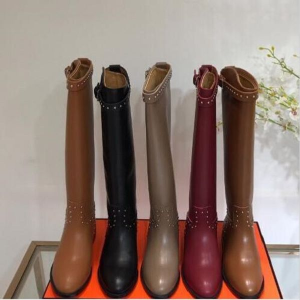 

femininas selling low heel knee boots genuine leather women slip-on buckle boots femininas stovepipe boots, Black