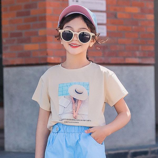 

new 4 to 14 years kids and teenager girls summer cotton casual t-shirt fashion children printed t-shirt cute baby t-shirt, #9086, Blue