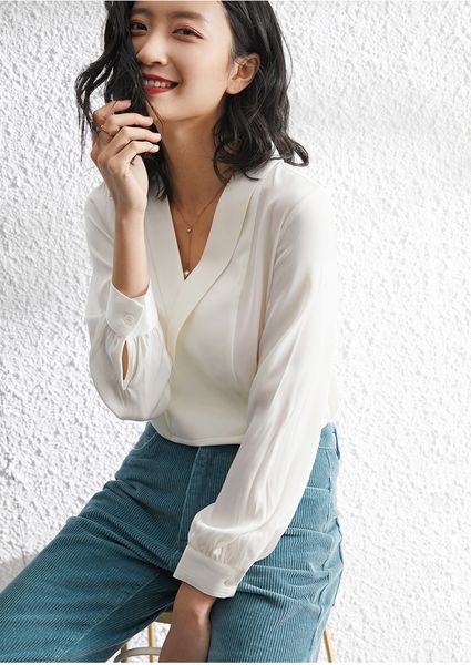 

white 100% heavy silk blouses women 22mm smoky blue shirts long sleeve office ladies casual black pullover korean clothing