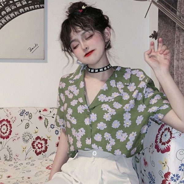 

women's blouses & shirts print daisy shirt turn-down collar short sleeve girl female 2021 fashion spring summer streetwear ladies, White