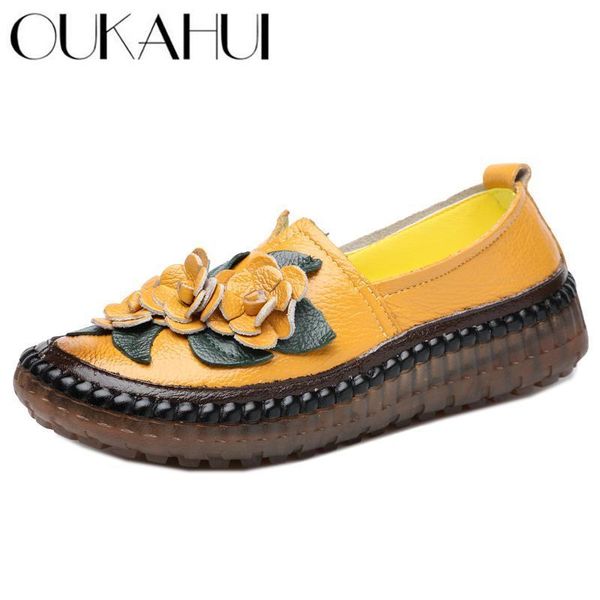 

oukahui retro handmade genuine leather loafers flat shoes women spring round toe appliques soft slip-on casual lady flat
