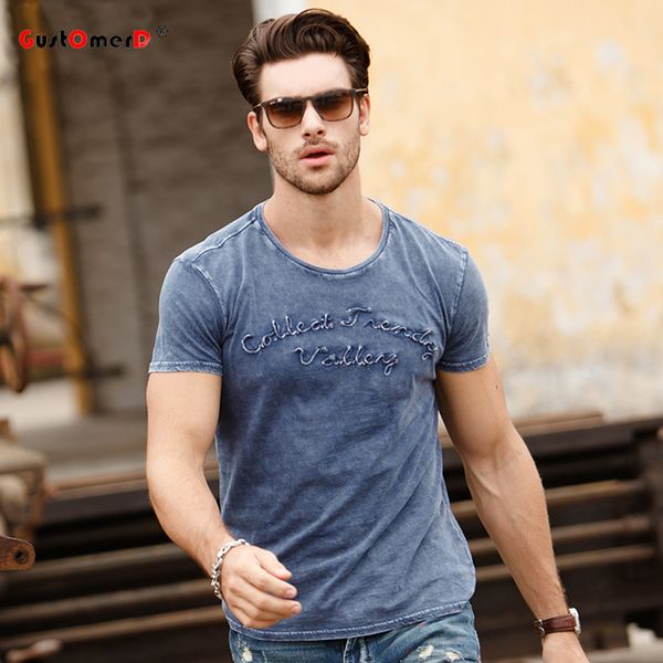 

gustomerd water washed 2019 new fashion design mens t-shirts embroidery short sleeve o neck tees cotton casual t shirt men, White;black