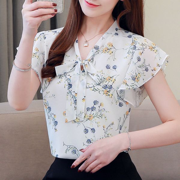 

women's blouses & shirts v-neck floral print chiffon short sleeve top, White