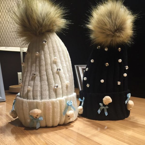 

autumn and winter day thickening cartoon little bear head bow pearl knitting wool hats for women keep warm cap woman winter hat, Blue;gray