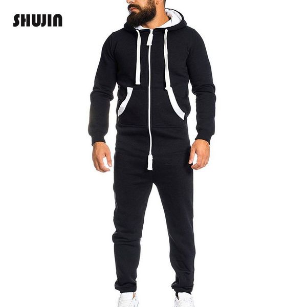 

shujin autumn men jumpsuits patchwork men's sportswear casual hooded tracksuit with pockets long overalls pantalon hombre, Black