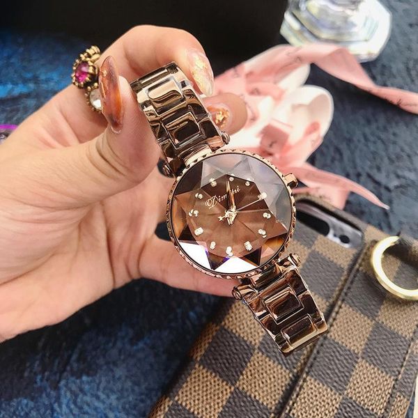 

fashion ladies watch cutting surface inlaid with rhinestone steel band exquisite waterproof quartz watch, Slivery;brown