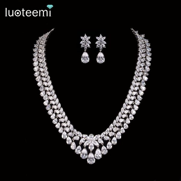 

luoteemi new luxury noble clear bright cz waterdrop pendant white gold-color charm choker necklace for women bridal wedding, Silver