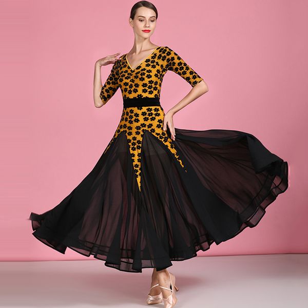 

new ballroom dress adults quality chiffon standard dance dresses women flamenco modern dancing practice performance wear dn4438, Black;red