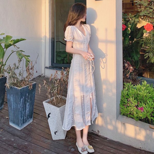 

heavy industry hollow foam sleeve v-neck western lace fishtail dress summer french waist fairy long, Black;gray