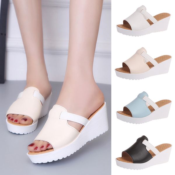 

2019 women's slippers ladies summer beach casual shoes slip on wedges high heel platforms outdoor slipper shoes mujer slides, Black