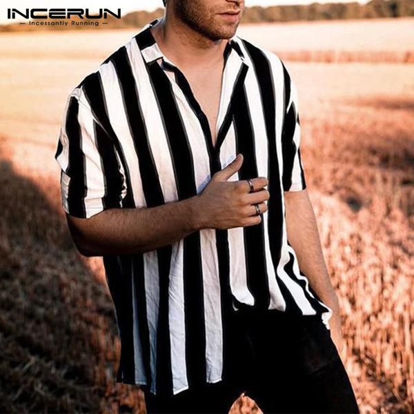 

2020 men striped shirt short sleeve button turn-down collar brand shirts loose streetwear casual hawaiian chemise blouse incerun, White;black