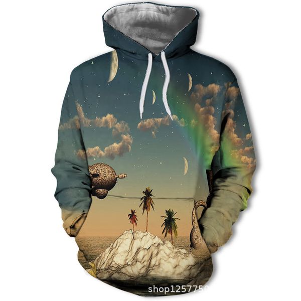 

mens designer 3d ocean night digital series printing loose large size hooded sweater, Black
