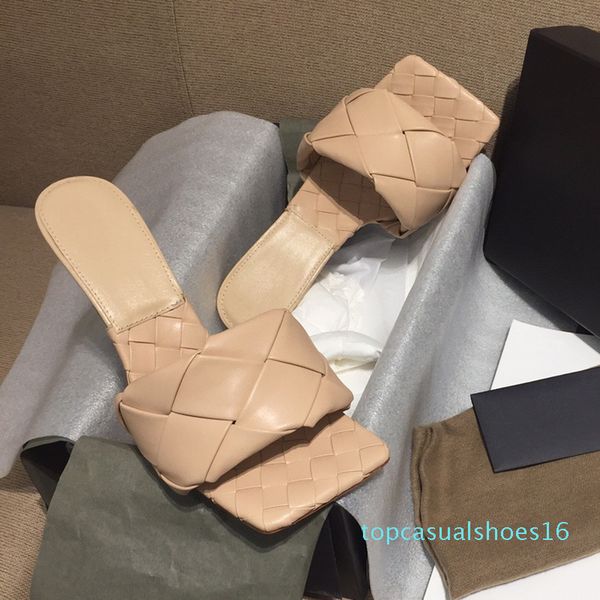 

new fashion luxury designer womens high-heeled with australia woven lambskin square head lady office club slippers in summer t61, Black