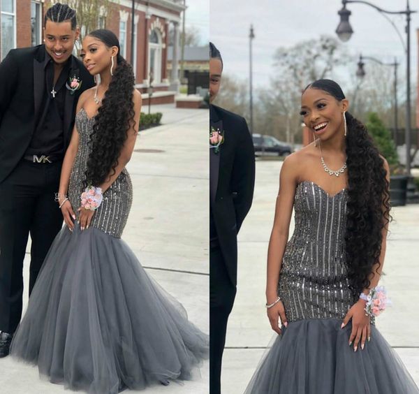 

gorgeous mermaid prom dresses 2019 sweetheart neck sequined beads formal party dress floor length tulle grey plus size evening gowns, Black