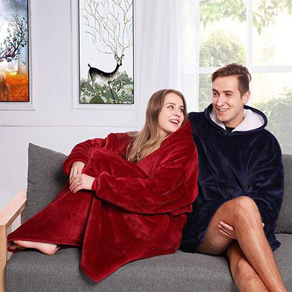 

solid coral fleece hooded blanket sherpa plush winter outdoor hoodie robe super soft wearable tv blanket for men women