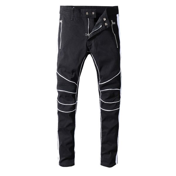 

2017 new french style fashion men's jeans blue color skinny fit spliced ripped jeans high street destroyed biker denim jeans