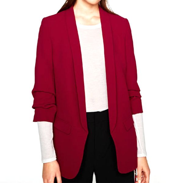 

women fashion blazer ruffled 3/4 sleeve cardigan pleated solid color pocket blazer, White;black