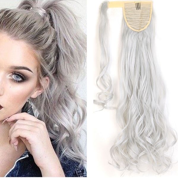 

wrap grey curly pony tail hairpiece long high wavy curly real hair grey curly human hair extentions, Black