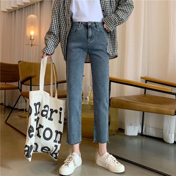 

real 2019 women's dress autumn high-waisted slimming versatile straight-cut capri jeans women's, Blue