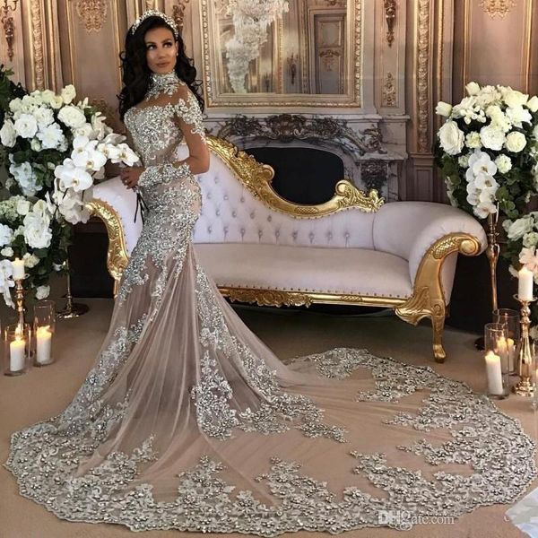 

luxury sparkly wedding dress sheer bling beaded lace applique high neck illusion long sleeve champagne mermaid chapel bridal gowns 1246, White